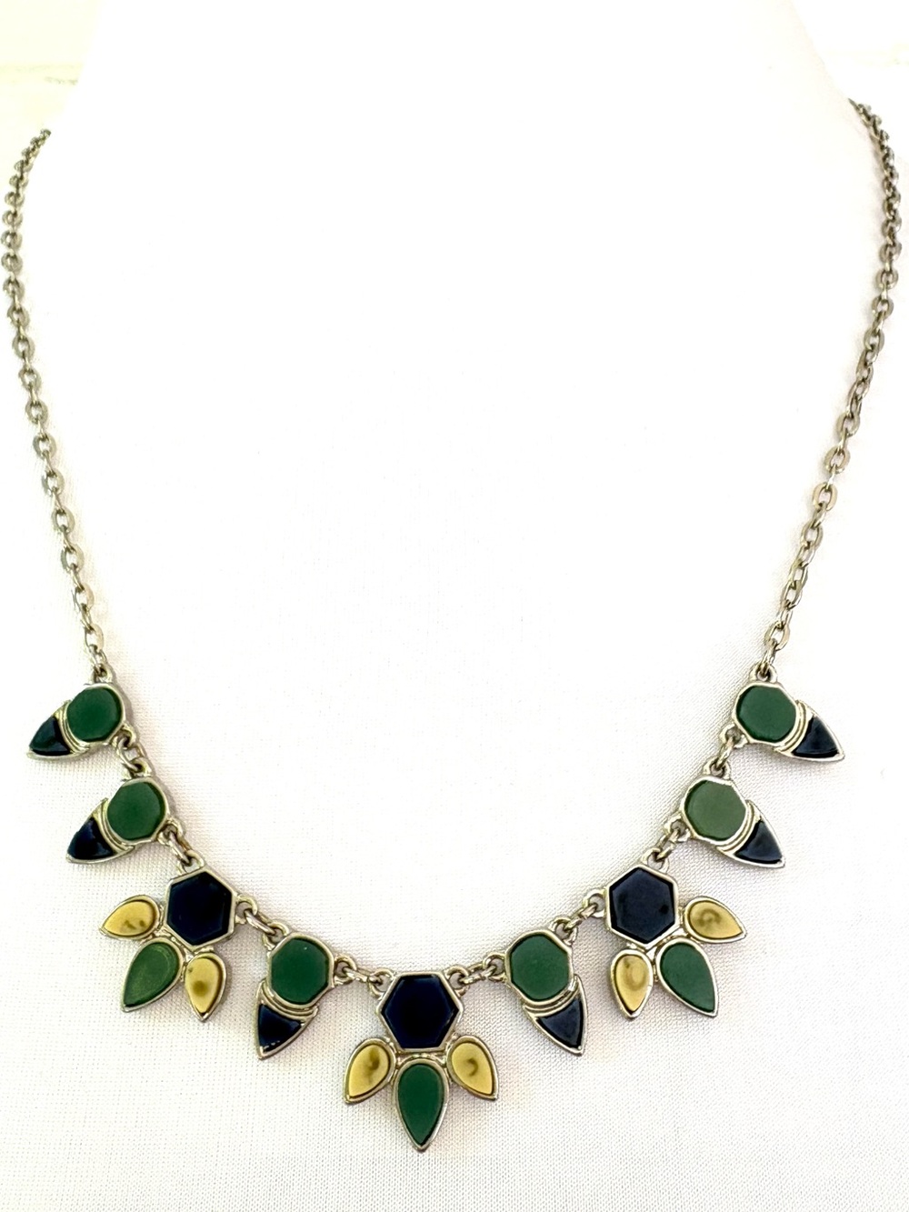 Geometric Statement Bib Necklace Blue & Green Teardrop Enamel Style Silver Tone